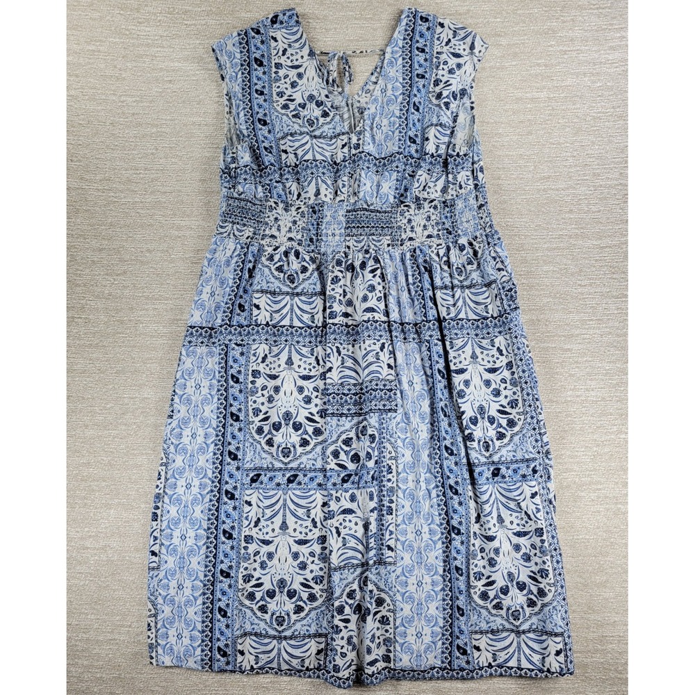 Old Navy Dress 2X Blue White V Neck V Back Tie Smocked Waist Boho Summer Beach - Picture 9 of 14